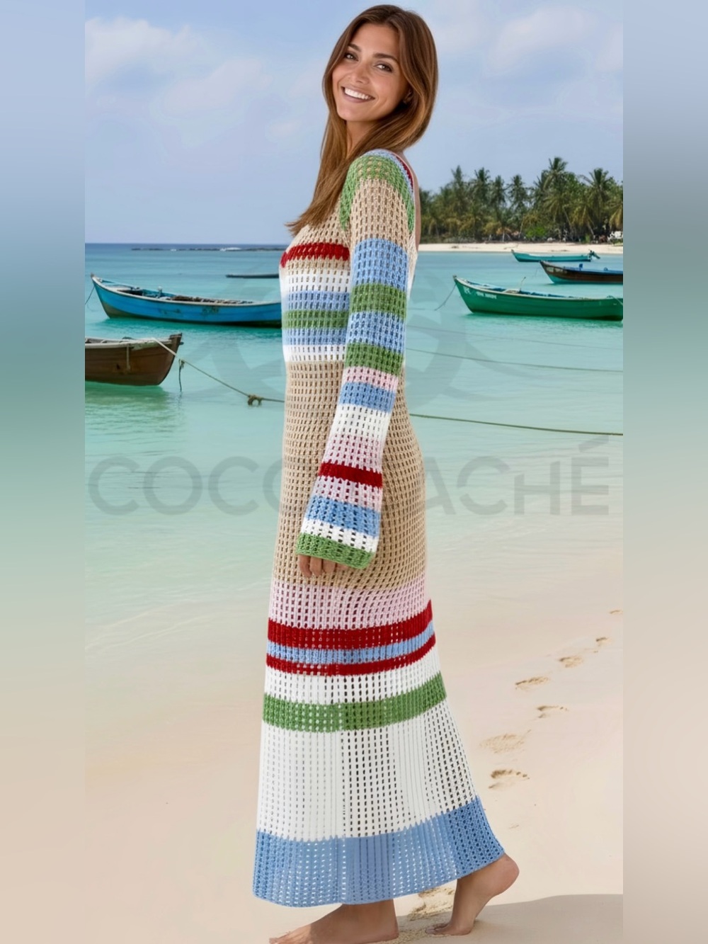 Casual Bohemian Crochet Long Sleeves Color Block Swimsuit Coverup Midi Dress - Picture 6 of 12